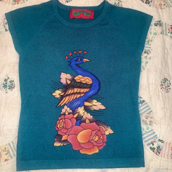 VINTAGE 90's AG AMAL GUESSOUS TEAL CASHMERE INTARSIA  SHORT SLEEVE SWEATER NWOT - Picture 8 of 8